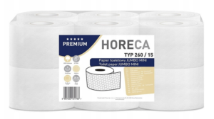 Papier toaletowy JUMBO MINI HORECA PREMIUM TYP 260 3 warstwy 12 rolek 28 metrów 260 listków 100% CELULOZA