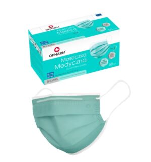 Maska medyczna - chirurgiczna Opharm 3 warstwowa typu IIR z gumkami pudełko 50 sztuk TURKUSOWE ( Maseczka Maseczki )